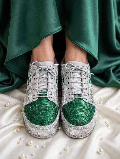 Silver Green Rhinestone Magic - Bridal Platform Sneakers | Silver Wedge Sneakers for Engagement or Sangeet
