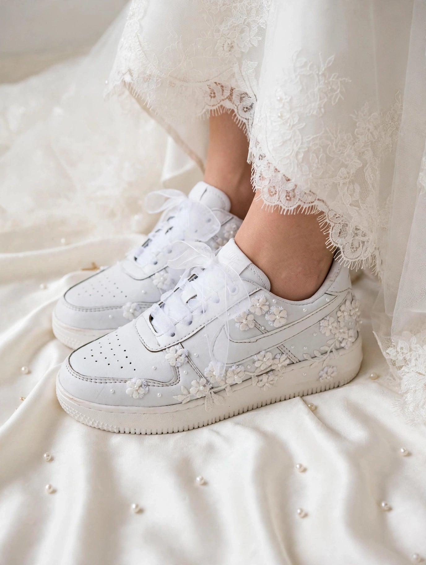 Bridal Floral Lace Sneakers | Custom White Wedding Sneakers with Pearl Embellishments
