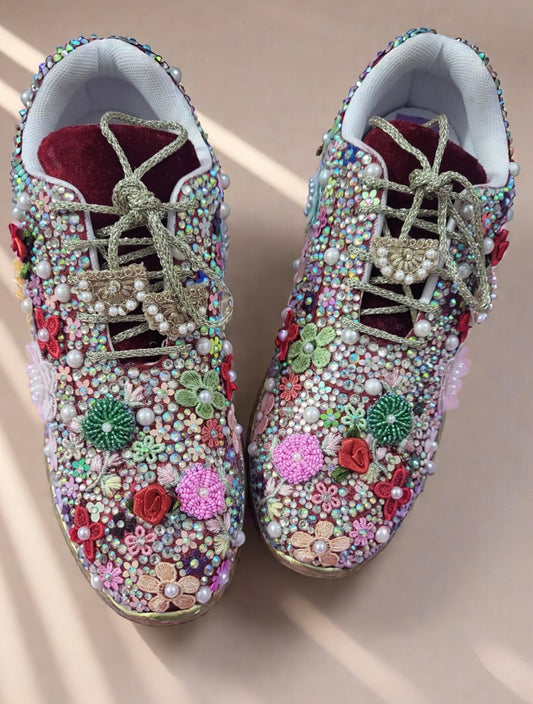 FUNKY N TRENDY fully hand crafted floral work with beads rhinestones cutdana sneakers / flower shoes / gold sneakers / red sneakers / maroon sneakers / multi colored sneakers