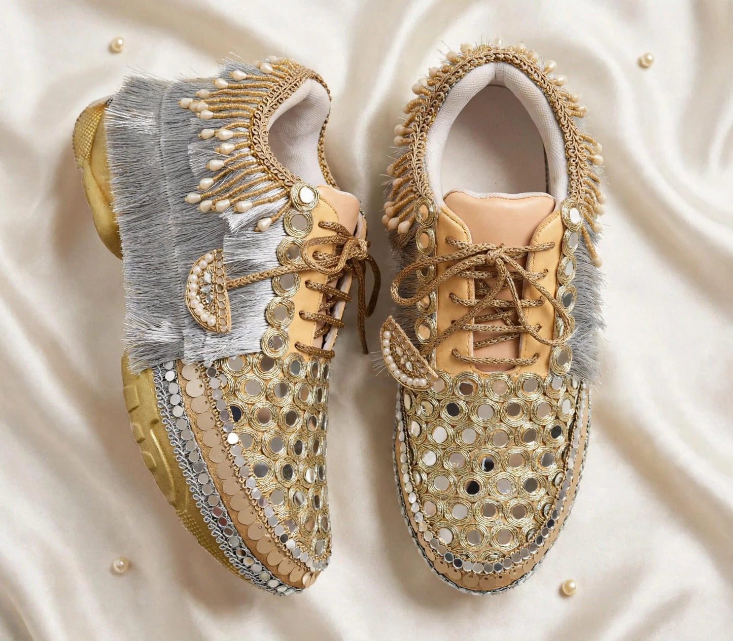 FUNKY N TRENDY dual theme gold silver sneakers for brides / silver sneakers for bridesmaids/ handcrafted sneakers/ golden sneakers / bridal sneakers / bridesmaid sneakers/ golden hand work sneakers