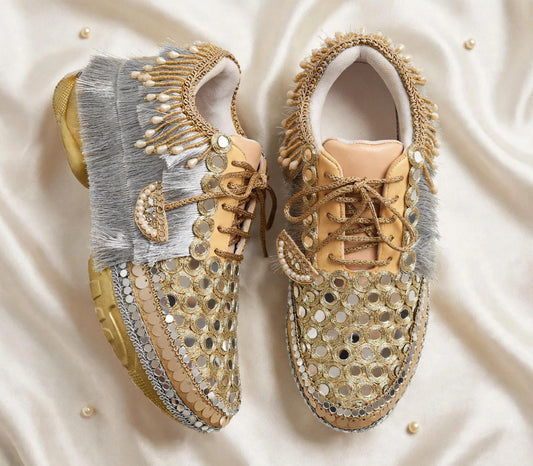 FUNKY N TRENDY dual theme gold silver sneakers for brides / silver sneakers for bridesmaids/ handcrafted sneakers/ golden sneakers / bridal sneakers / bridesmaid sneakers/ golden hand work sneakers