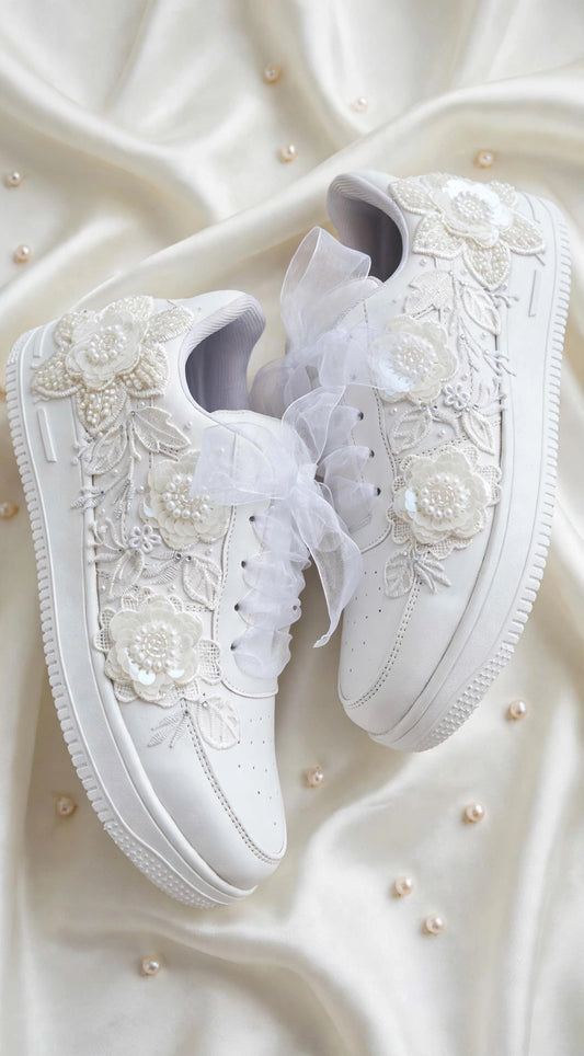 ELARA - Handcrafted White Floral Pearl Bridal Sneakers with Organza Ribbon Laces