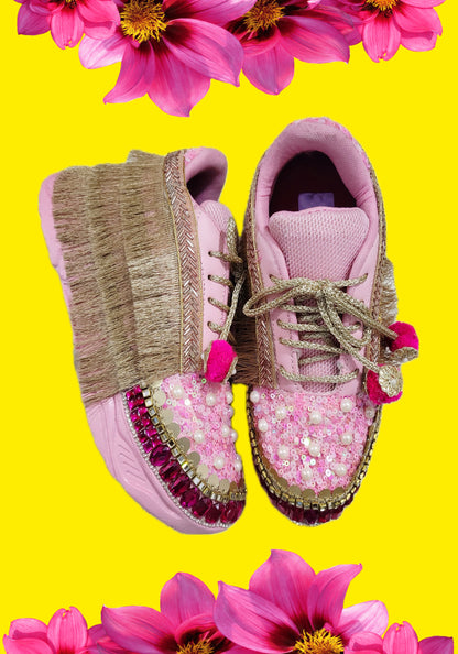 Funky N Trendy Hot pink sequine work with stone detailing bridal sneakers/ bridesmaid sneaker / golden sneakers/ hot pink sneakers / pink shoes for bride/ rani pink sneakers