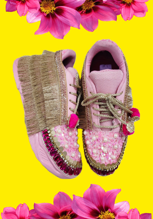 Funky N Trendy Hot pink sequine work with stone detailing bridal sneakers/ bridesmaid sneaker / golden sneakers/ hot pink sneakers / pink shoes for bride/ rani pink sneakers