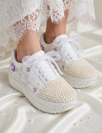Funky N Trendy white pearl work sneakers with purple / lavender floral detailing / pearl sneakers