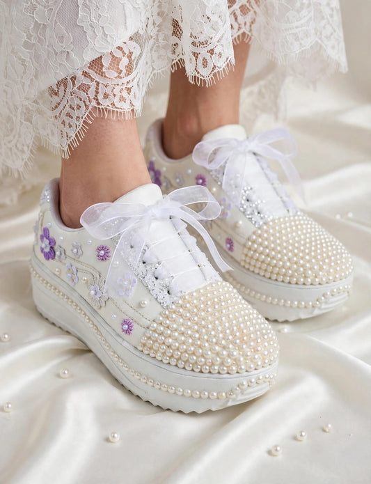 Funky N Trendy white pearl work sneakers with purple / lavender floral detailing / pearl sneakers
