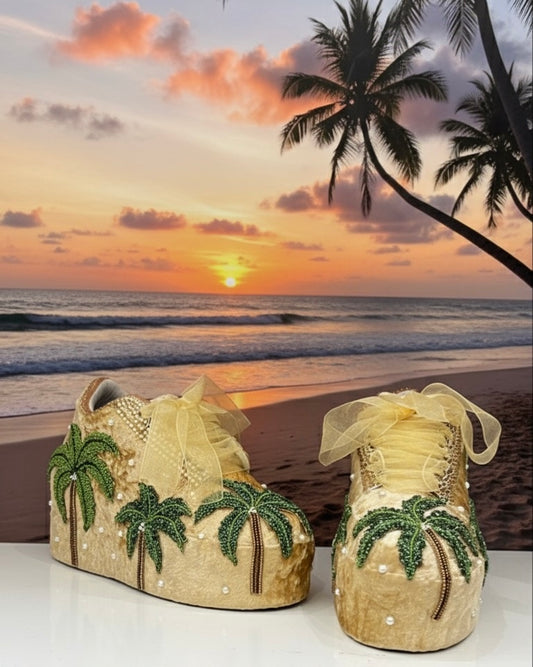 FUNKY N TRENDY Hand embroidered Tree theme sneakers - wedge sneakers heeled sneakers/ gold sneakers