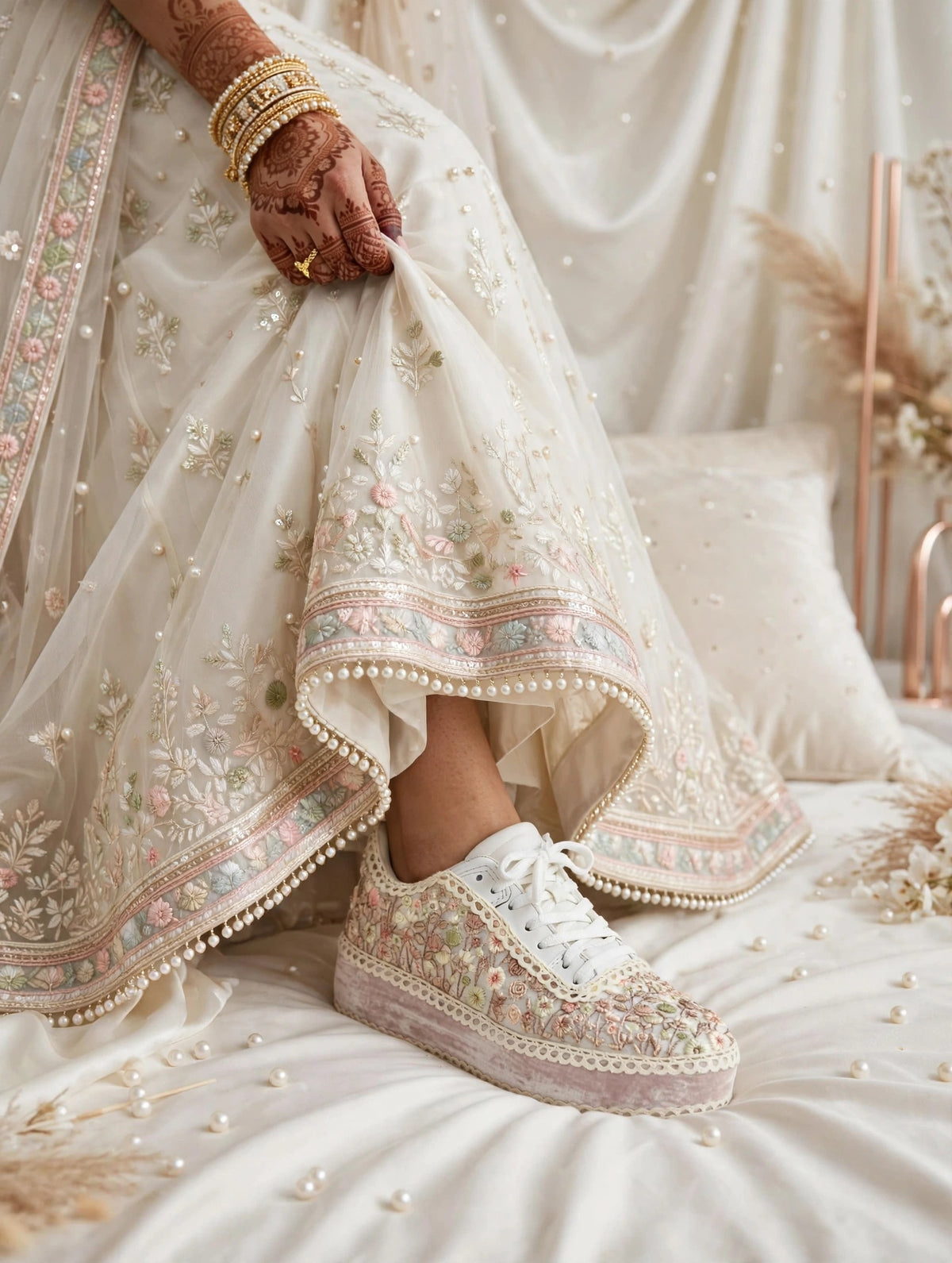 FUNKY N TRENDY Wildflower Embroidered Platform Sneakers – Blush Pink Floral Bridal Sneakers for Mehendi/Sangeet