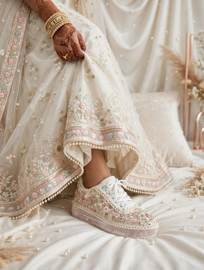 FUNKY N TRENDY Wildflower Embroidered Platform Sneakers – Blush Pink Floral Bridal Sneakers for Mehendi/Sangeet