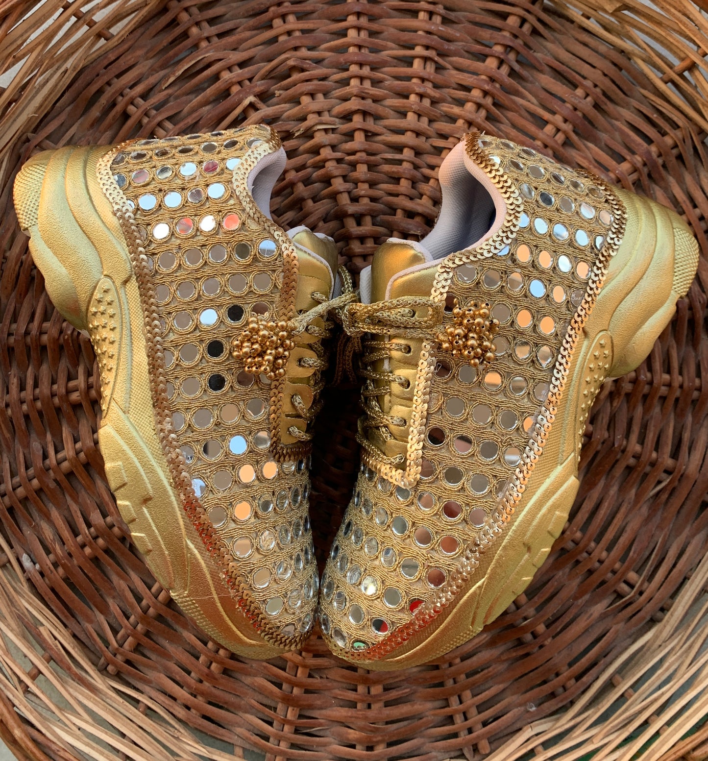 FUNKY N TRENDY gold mirror heeled sneakers for brides /bridesmaids / sneakers for bridesmaids/ handcrafted sneakers/ mirror sneakers / bridal sneakers / bridesmaid sneakers/ gold sneakers / mirror shoes