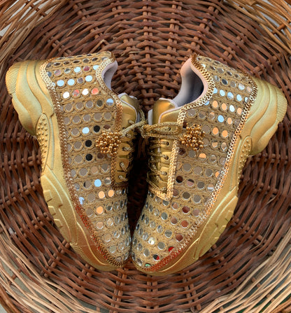 FUNKY N TRENDY gold mirror heeled sneakers for brides /bridesmaids / sneakers for bridesmaids/ handcrafted sneakers/ mirror sneakers / bridal sneakers / bridesmaid sneakers/ gold sneakers / mirror shoes