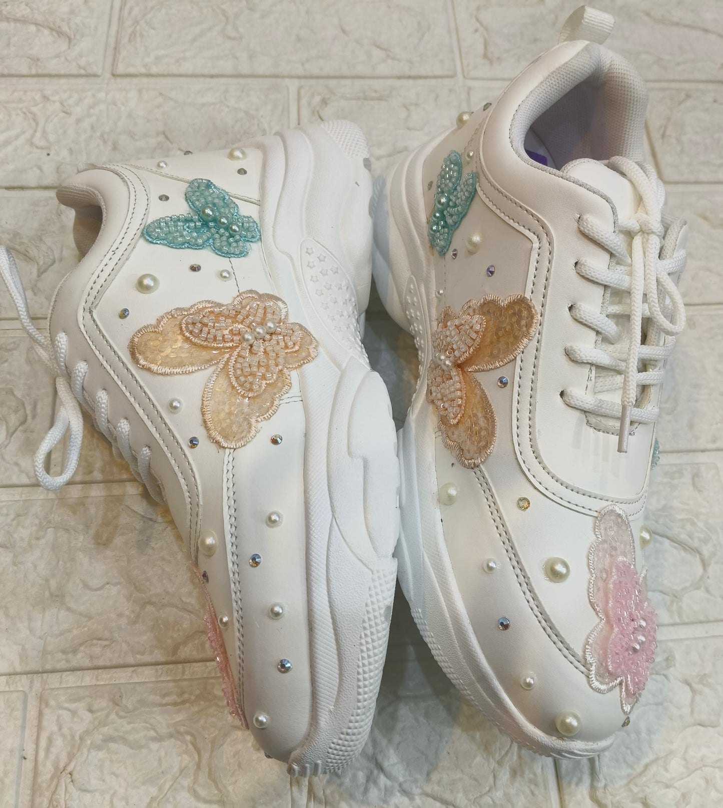 FUNKY N TRENDY colorful butterfly embroidery sneakers for brides /white silver embroidered sneakers/ handcrafted sneakers/ butterfly sneakers / bridal sneakers / bridesmaid sneakers/ white sneakers/ pink sneaker