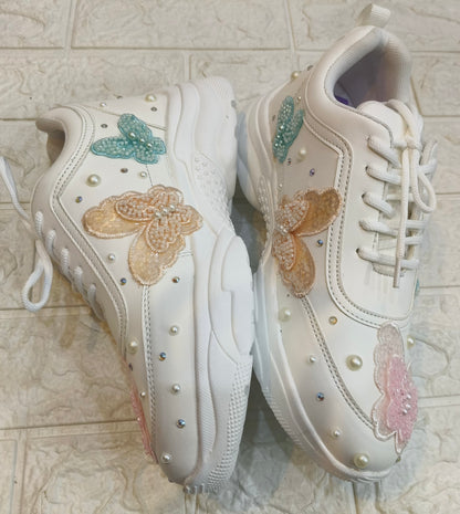 FUNKY N TRENDY colorful butterfly embroidery sneakers for brides /white silver embroidered sneakers/ handcrafted sneakers/ butterfly sneakers / bridal sneakers / bridesmaid sneakers/ white sneakers/ pink sneaker
