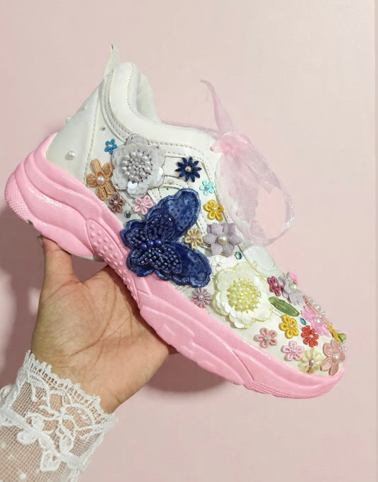 FUNKY N TRENDY multi colored floral theme bridal sneakers / bridesmaid sneakers/floral  sneakers / multi color sneakers / versatile sneakers / haldi mehendi sneakers/ pink sneakers