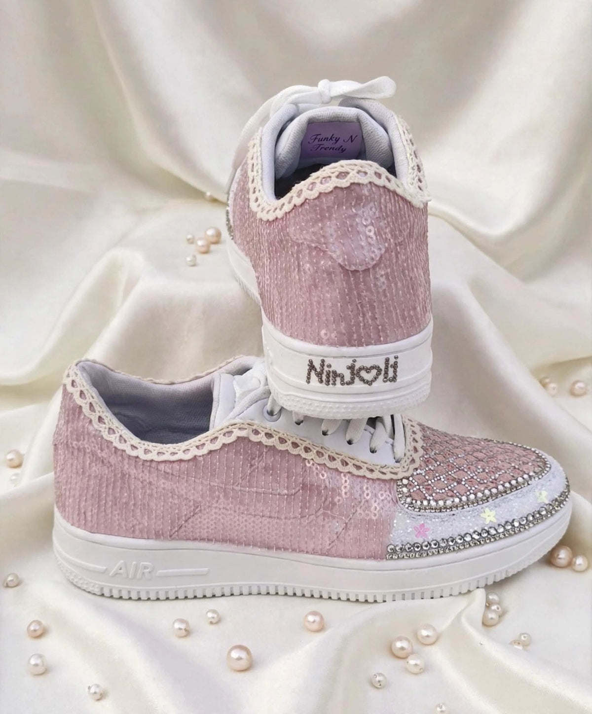 FUNKY N TRENDY pink sequine work sneakers with customization of name /wedding date/ couple shoes