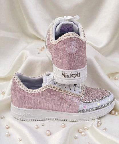FUNKY N TRENDY pink sequine work sneakers with customization of name /wedding date/ couple shoes
