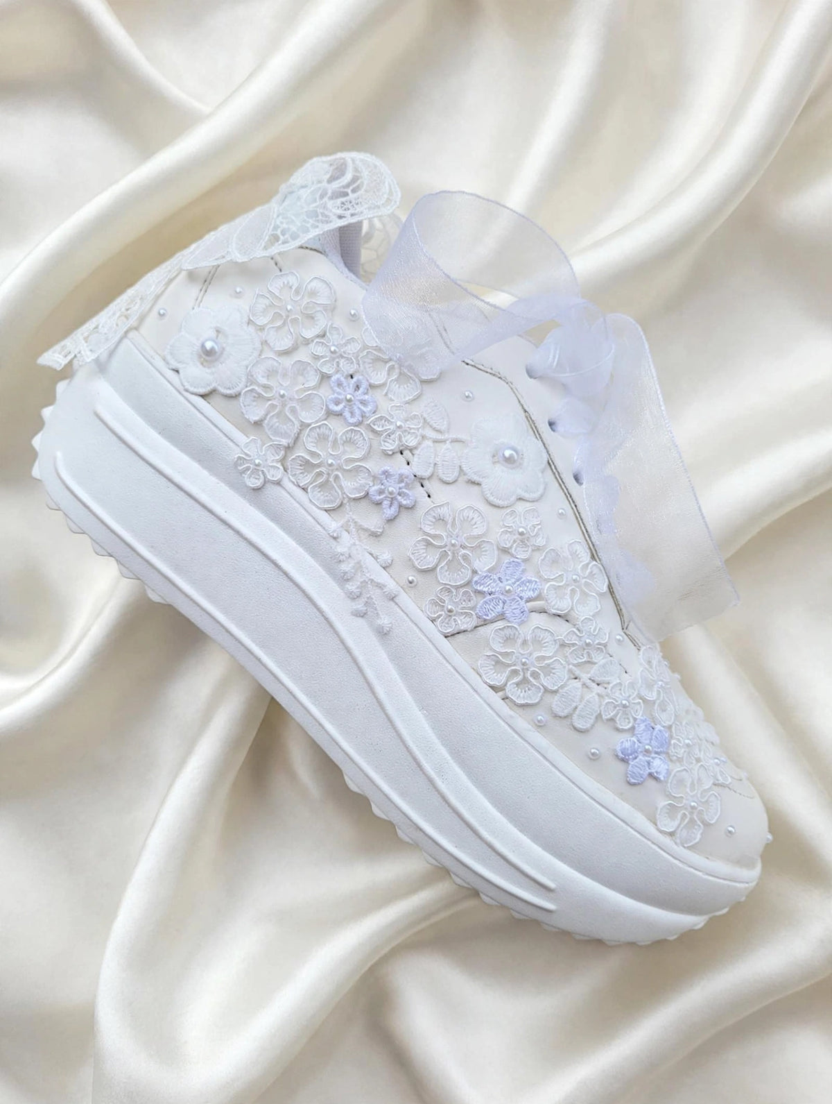 Funky N Trendy white thread work pearl work sneakers with floral detailing / bridal sneakers/ sneaker for bride / white sneakers/ pearl sneakers for bride/custom name initials / wedding date