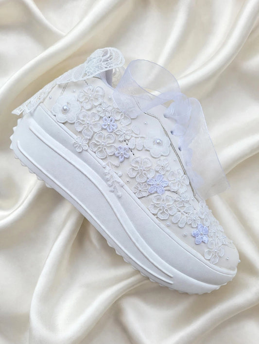 Funky N Trendy white thread work pearl work sneakers with floral detailing / bridal sneakers/ sneaker for bride / white sneakers/ pearl sneakers for bride/custom name initials / wedding date