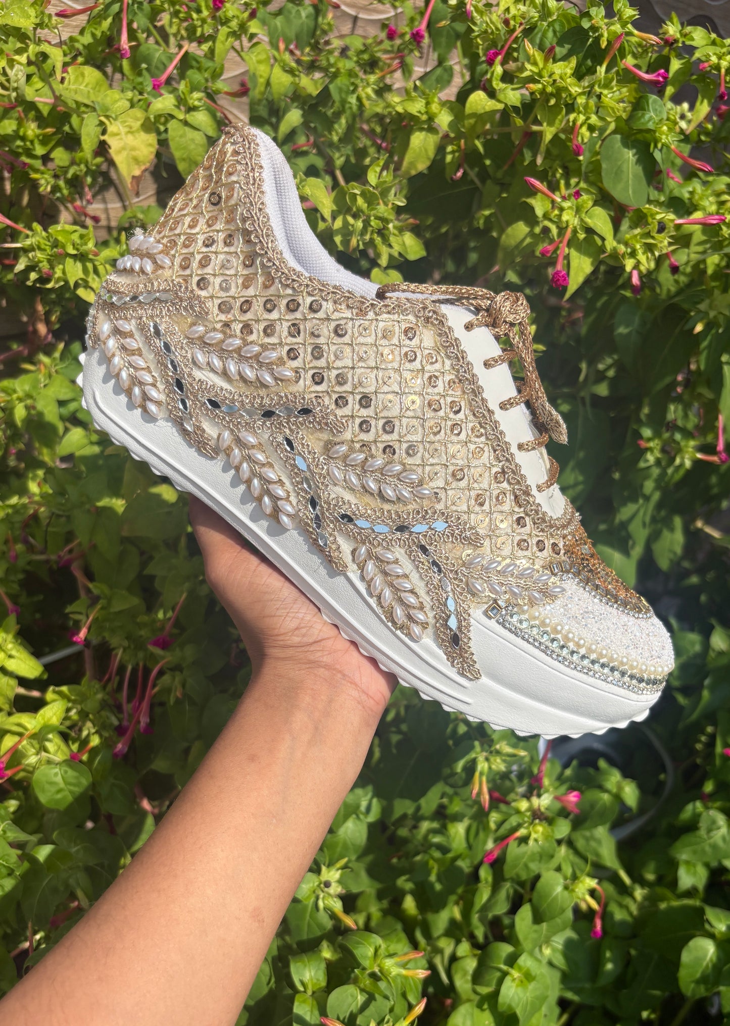 Funky N Trendy dull gold embroidered sequine work sneakers with mirror detailing / bridal sneakers/ sneaker for bride / white sneakers/ pearl sneakers for bride