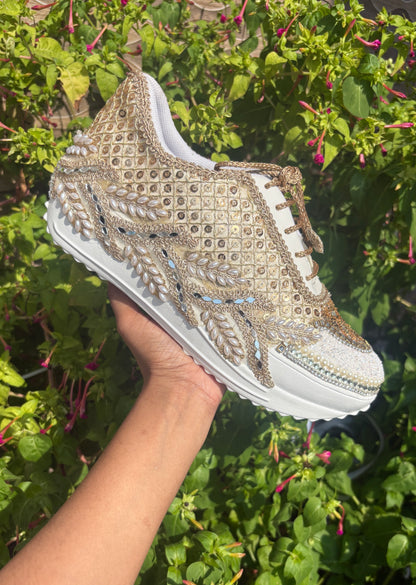 Funky N Trendy dull gold embroidered sequine work sneakers with mirror detailing / bridal sneakers/ sneaker for bride / white sneakers/ pearl sneakers for bride