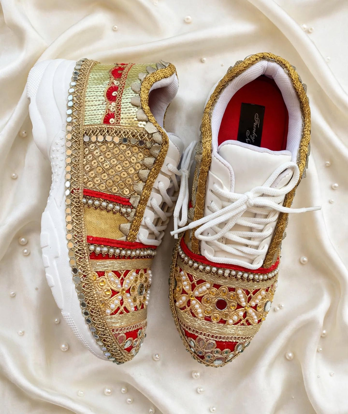 FUNKY N TRENDY red and gold sneakers for brides /bridesmaids / sneakers for bridesmaids/ handcrafted sneakers/ gold sneakers / bridal sneakers / bridesmaid sneakers/ gold sneakers / red shoes