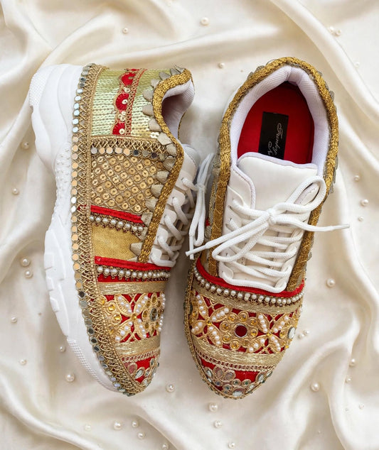 FUNKY N TRENDY red and gold sneakers for brides /bridesmaids / sneakers for bridesmaids/ handcrafted sneakers/ gold sneakers / bridal sneakers / bridesmaid sneakers/ gold sneakers / red shoes