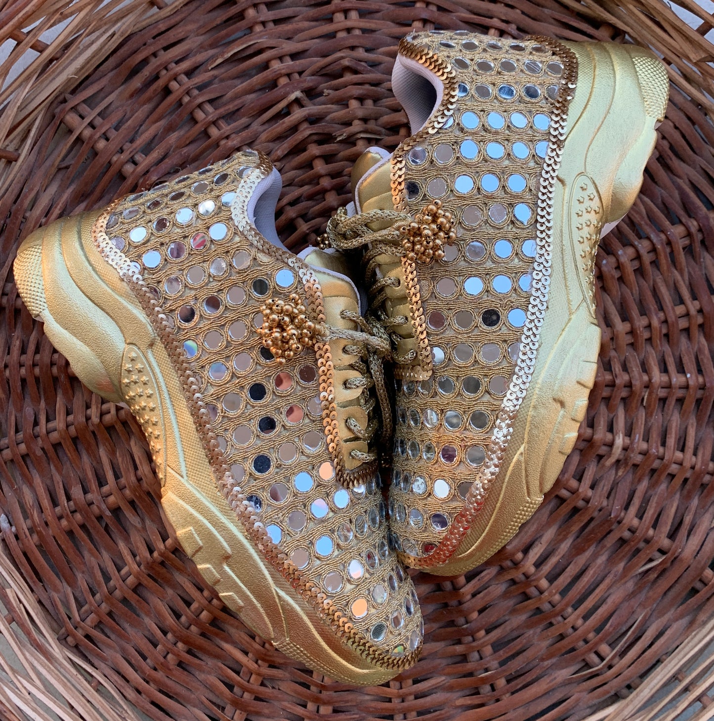 FUNKY N TRENDY gold mirror heeled sneakers for brides /bridesmaids / sneakers for bridesmaids/ handcrafted sneakers/ mirror sneakers / bridal sneakers / bridesmaid sneakers/ gold sneakers / mirror shoes