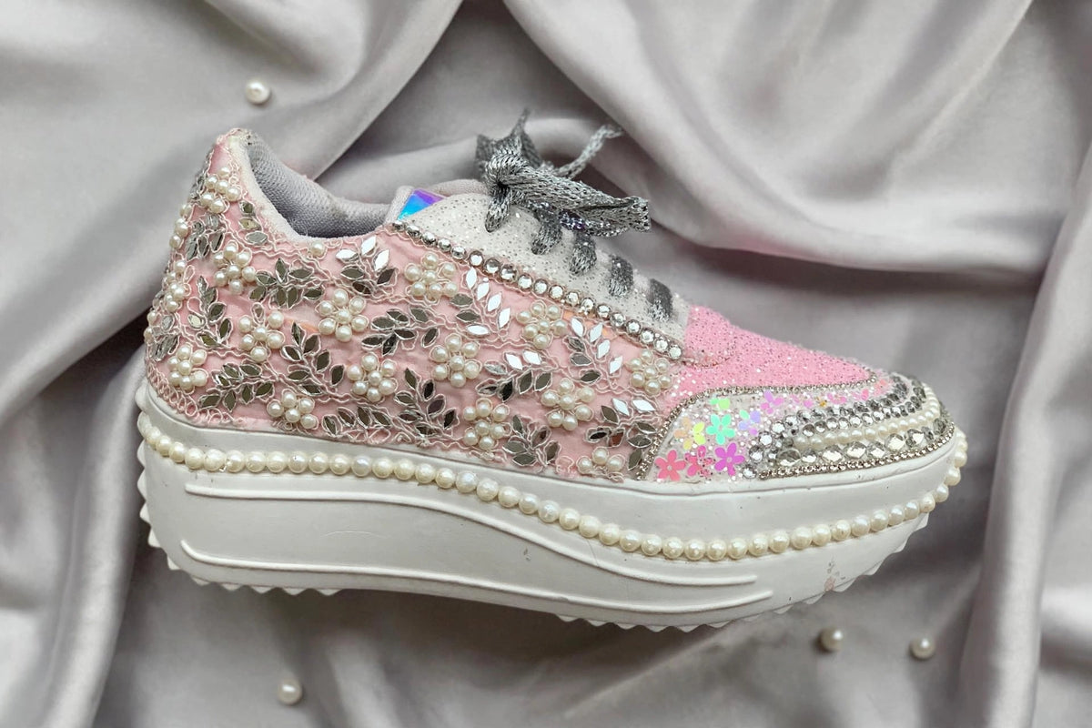 Custom Pink Pearl Bridal Sneakers | Platform Wedding Sneakers India | Funky N Trendy