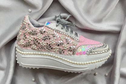 Custom Pink Pearl Bridal Sneakers | Platform Wedding Sneakers India | Funky N Trendy