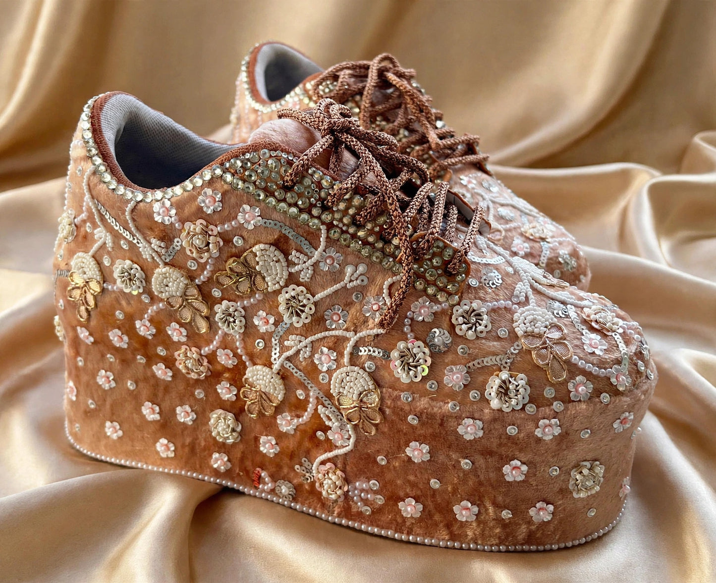 FUNKY N TRENDY rose gold with pearl Embroidered bridal sneakers - wedge sneakers heeled sneakers/ pearl work sneakers