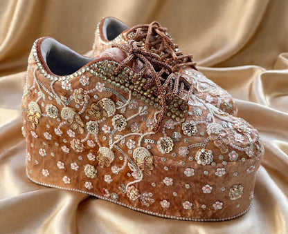 FUNKY N TRENDY rose gold with pearl Embroidered bridal sneakers - wedge sneakers heeled sneakers/ pearl work sneakers