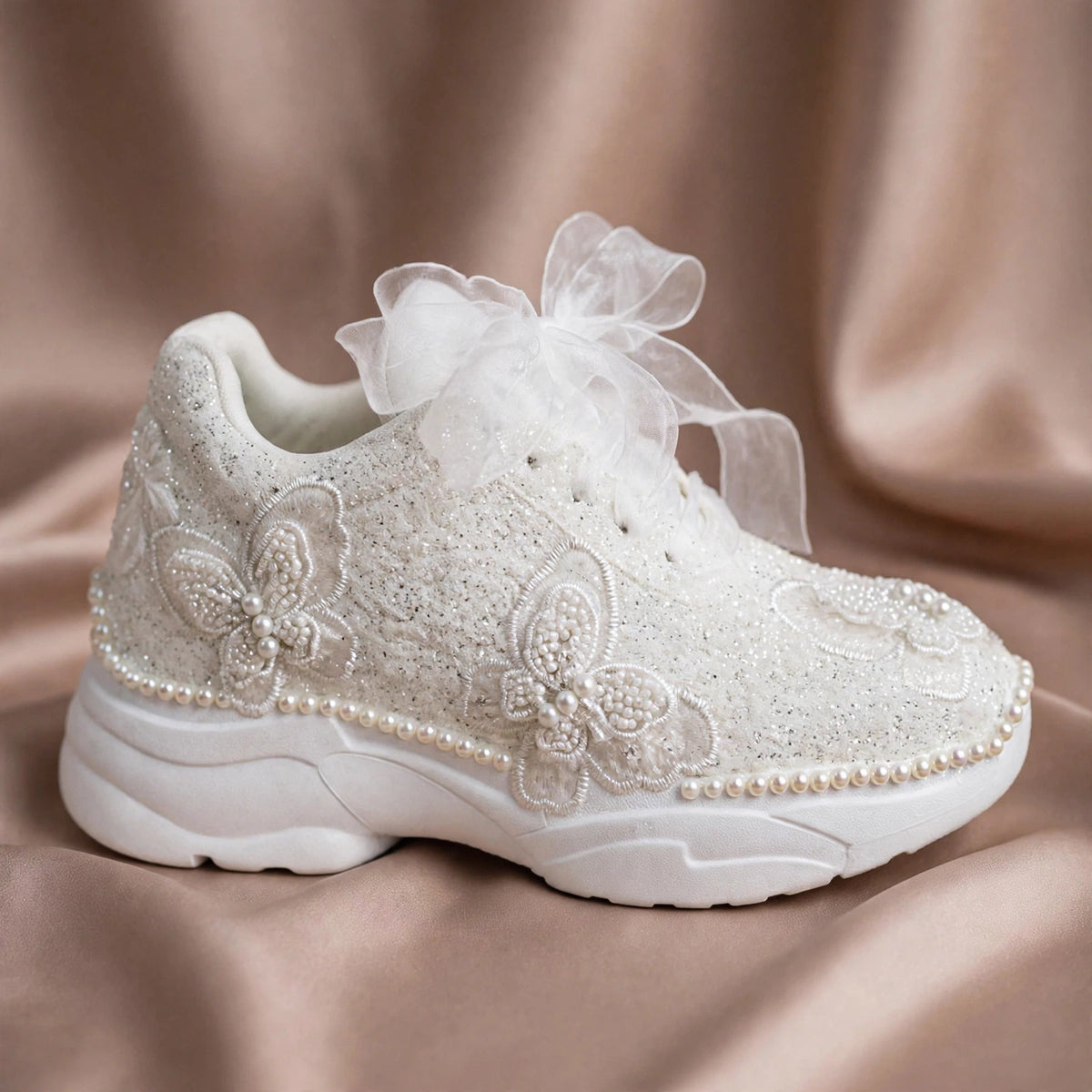 Celeste - Butterfly Pearl Bridal Sneakers with Organza Bow