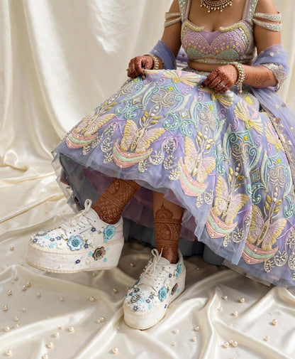 Princess Blue Floral Embroidered Platform Bridal Sneakers - White Wedding Sneakers for Bride
