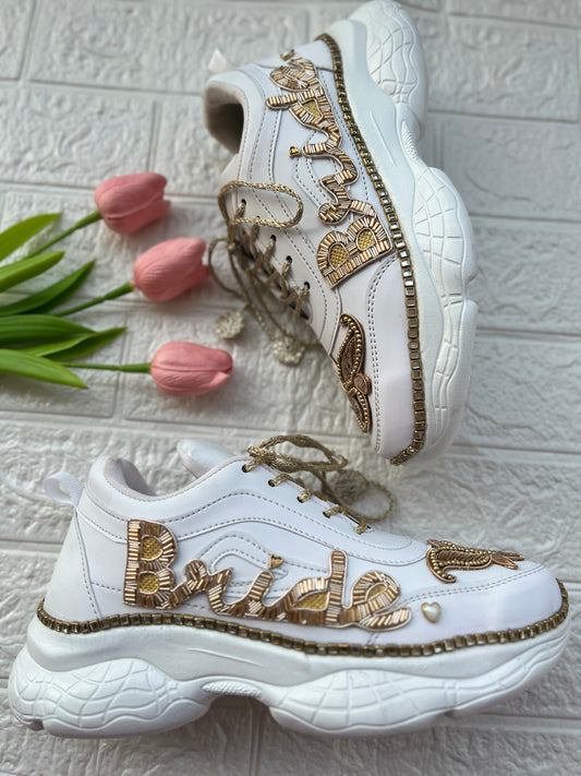 Funky N Trendy hand embroidered Bride word with zardozi and cutdana / bridal sneakers/ sneaker for bride / zardozi sneakers/ golden sneakers for bride / custom wedding date and hashtag