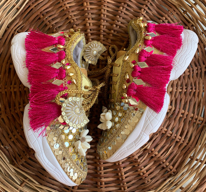 FUNKY N TRENDY megenta rani and gold sneakers for brides /bridesmaids / hot pink sneakers for bridesmaids/ handcrafted sneakers/ mirror sneakers / bridal sneakers / bridesmaid sneakers/ gold sneakers / megenta sneakers/ rani sneakers