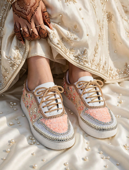 Blossom Bride Bridal Sneakers — Peach Floral Embroidered Sneakers with Pearl & Crystal Trim