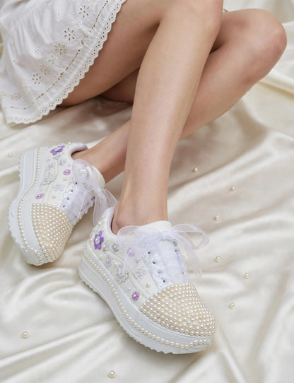 Funky N Trendy white pearl work sneakers with purple / lavender floral detailing / pearl sneakers