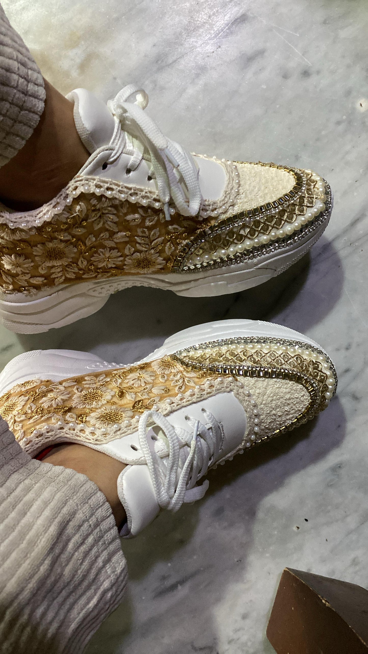 Funky N Trendy ivory / off white embroidery work bridal sneakers/ bridesmaid sneaker / hancrafted sneakers / gold sneakers / golden sneakers