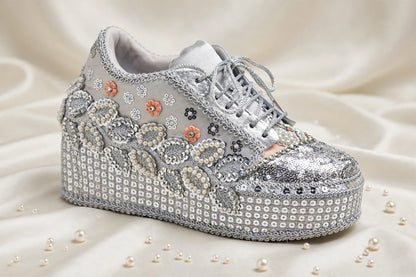 FUNKY N TRENDY Silver Mirror sequine work sneakers - wedge sneakers heeled sneakers/ silver sneakers