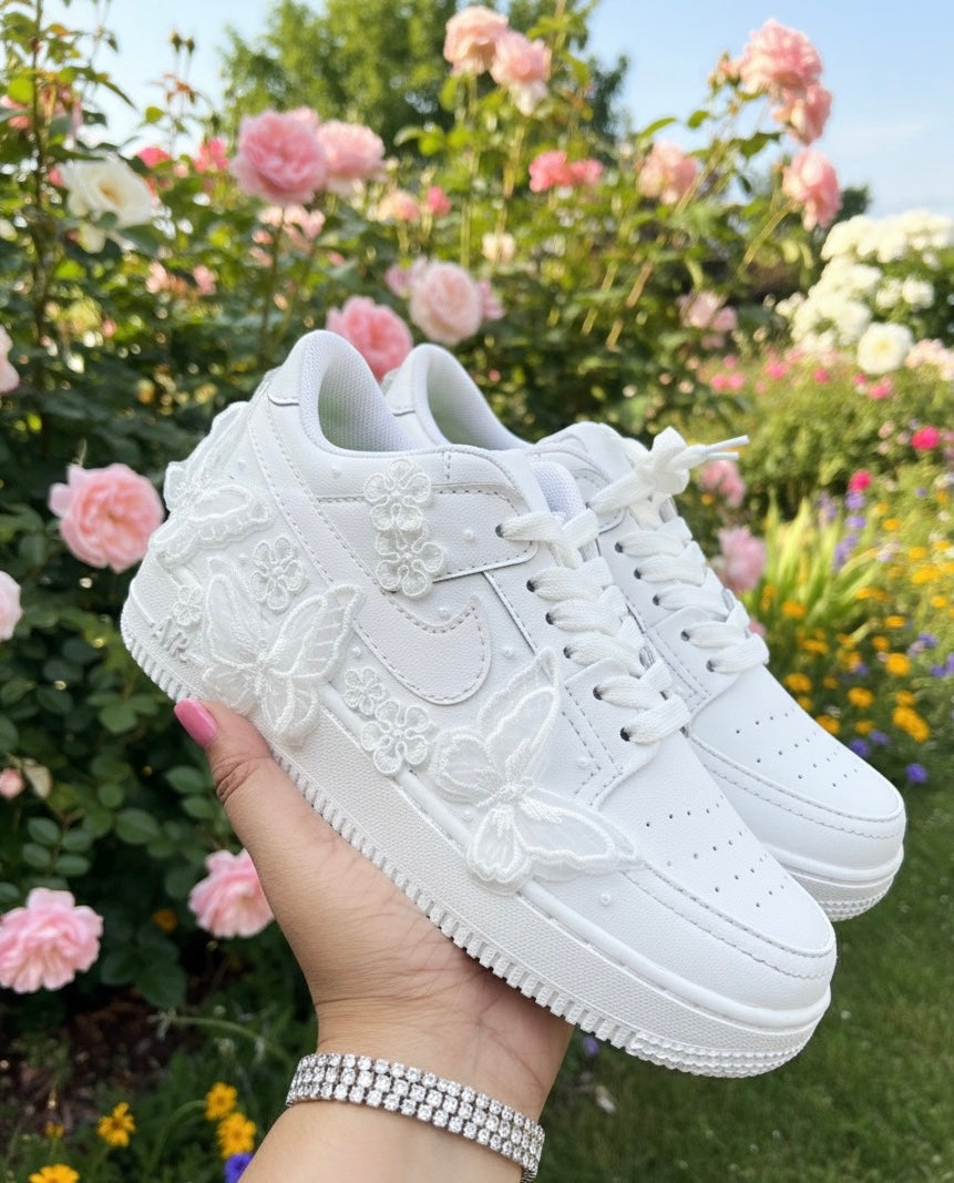 Funky N Trendy white sneakers-
“Floral garden with butterflies Bridal Sneakers/ bridesmaid sneakers – Embroidered Magic”