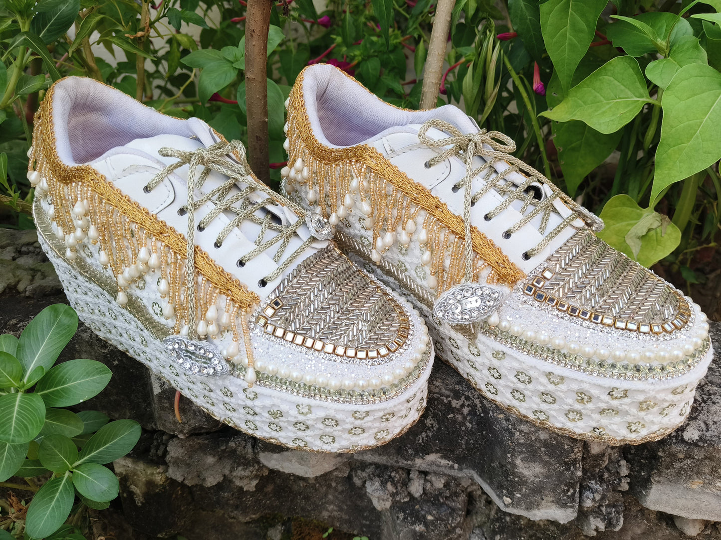FUNKY N TRENDY Gold silver combination bridal sneakers - wedge sneakers heeled sneakers