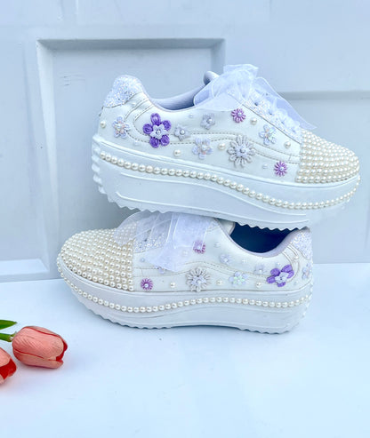 Funky N Trendy white pearl work sneakers with purple / lavender floral detailing / pearl sneakers