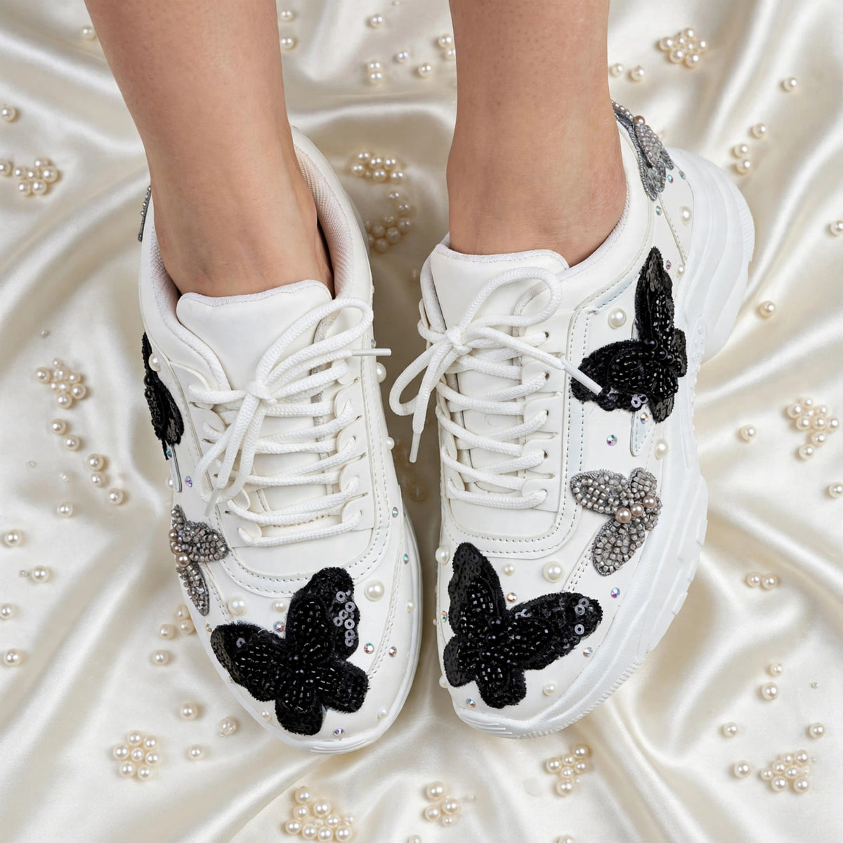 Midnight Flutter – Black Butterfly Embroidered Sneakers | Designer Sneakers India
