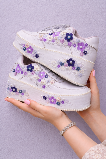 Customized Purple garden Bridal Sneakers with Name initials / wedding date– Wedding Shoes for Bride/ white sneakers