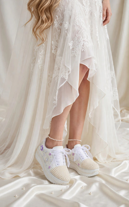 Funky N Trendy white pearl work sneakers with purple / lavender floral detailing / pearl sneakers