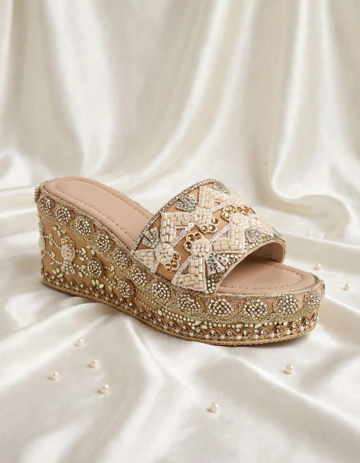 Handcrafted Bridal Embroidered Wedges - Beige / ivory