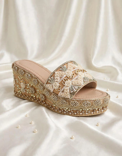 Handcrafted Bridal Embroidered Wedges - Beige / ivory