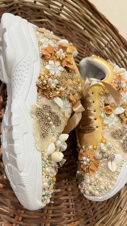FUNKY N TRENDY gold butterfly embroidery sneakers for brides /gold embroidered sneakers/ handcrafted sneakers/ butterfly sneakers / bridal sneakers / bridesmaid sneakers/ gold and white hand work sneakers