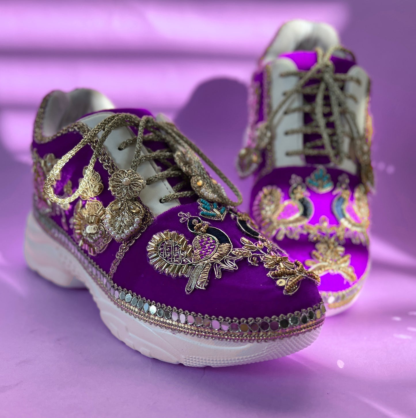 Funky N Trendy Purple
“Peacock Heritage Bridal Sneakers – Embroidered Magic”