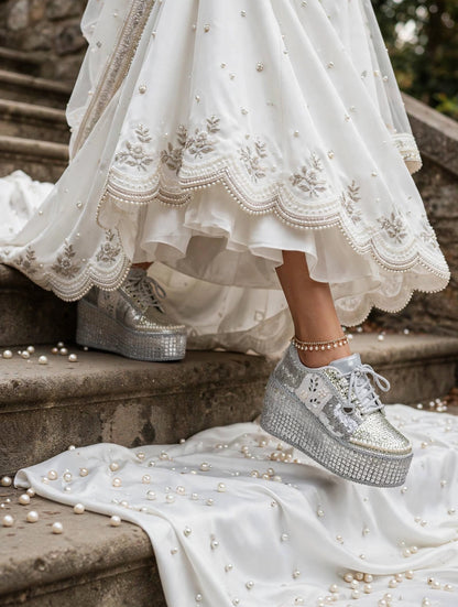 Silver Rhinestone Magic - Bridal Platform Sneakers | Silver Wedge Sneakers for Engagement or Sangeet